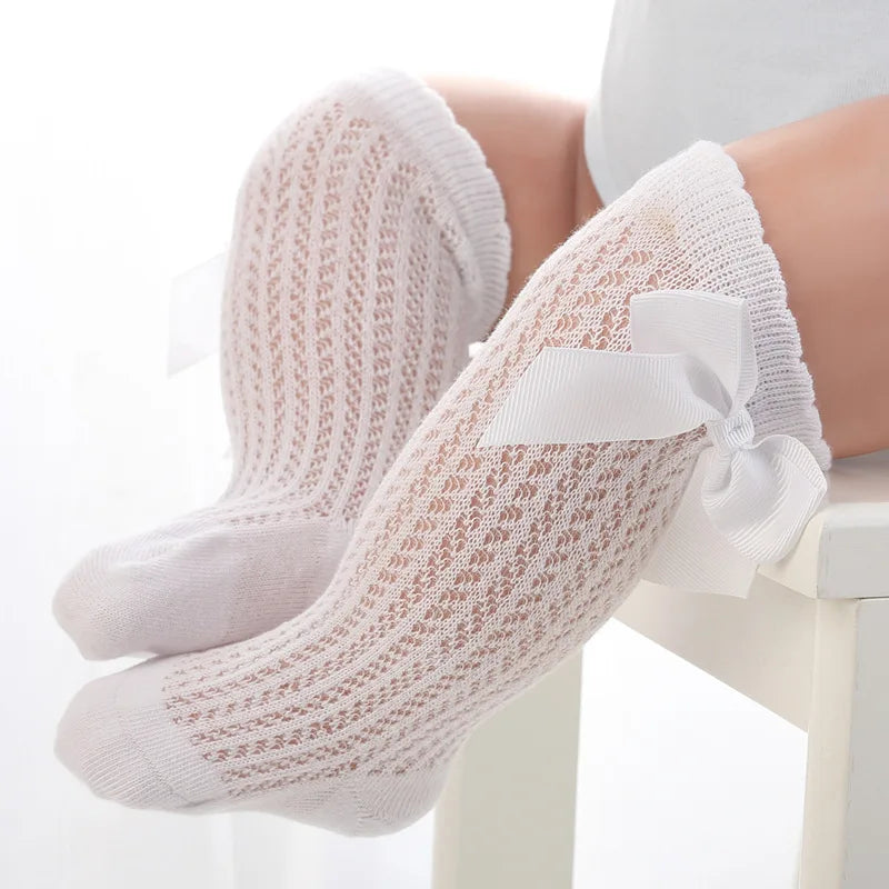 Summer Kids Knee High Socks Baby Girls Boys Bow Long Sock Cotton Mesh Breathable Children Hollow Out Socken For Kids 0-7 Years