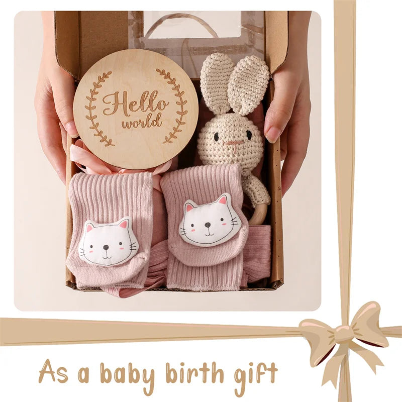 Baby Bath Set Blanket Wooden Brush Newborn Milestones Monthly Cards Bath Toys for Babies Infant Photograph Props Birth Gifts Box