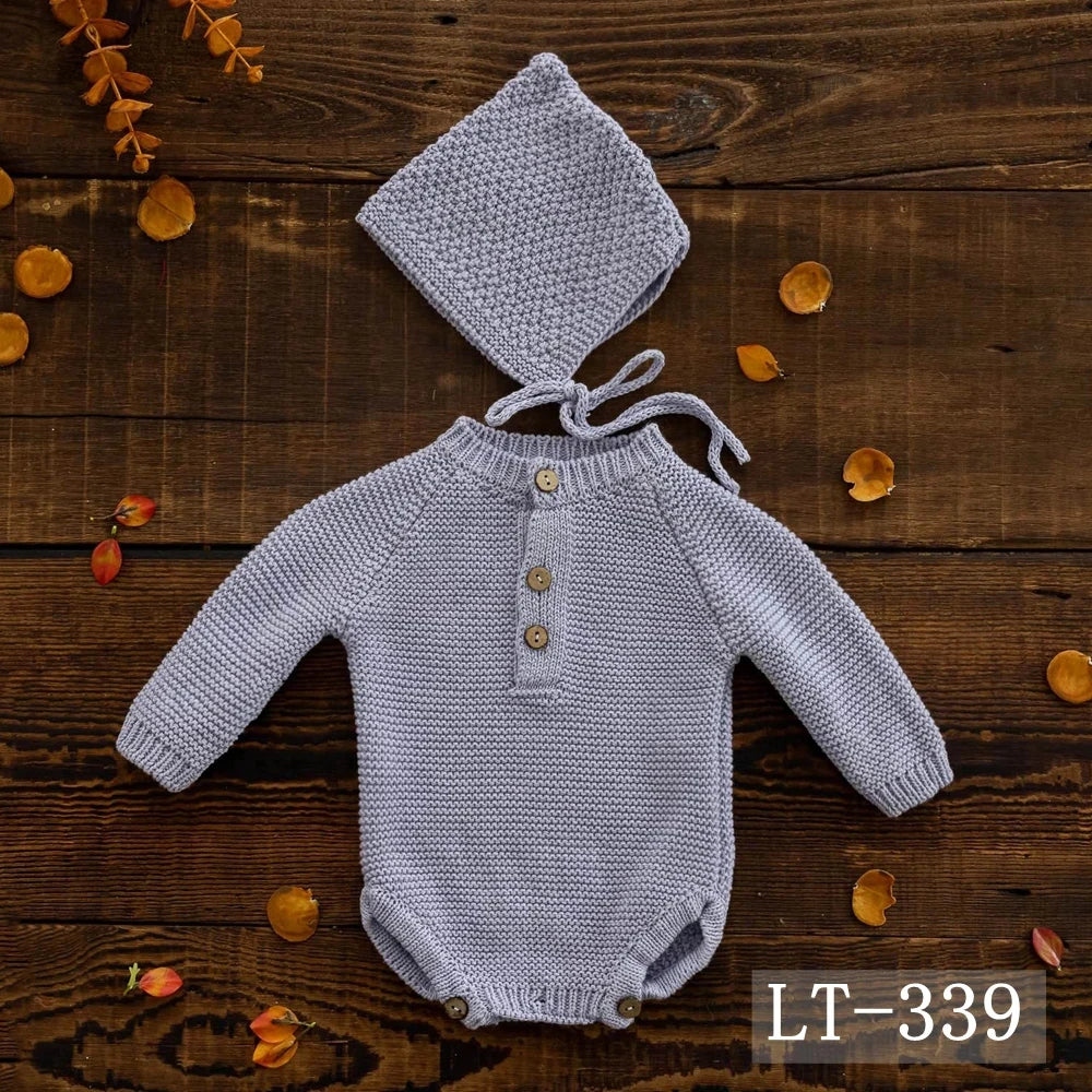 Newborn Photography Clothing Knitted Baby Costume Infant Hat Long Sleeve Romper 2Pcs/Set Studio Baby Photo Props Accessories