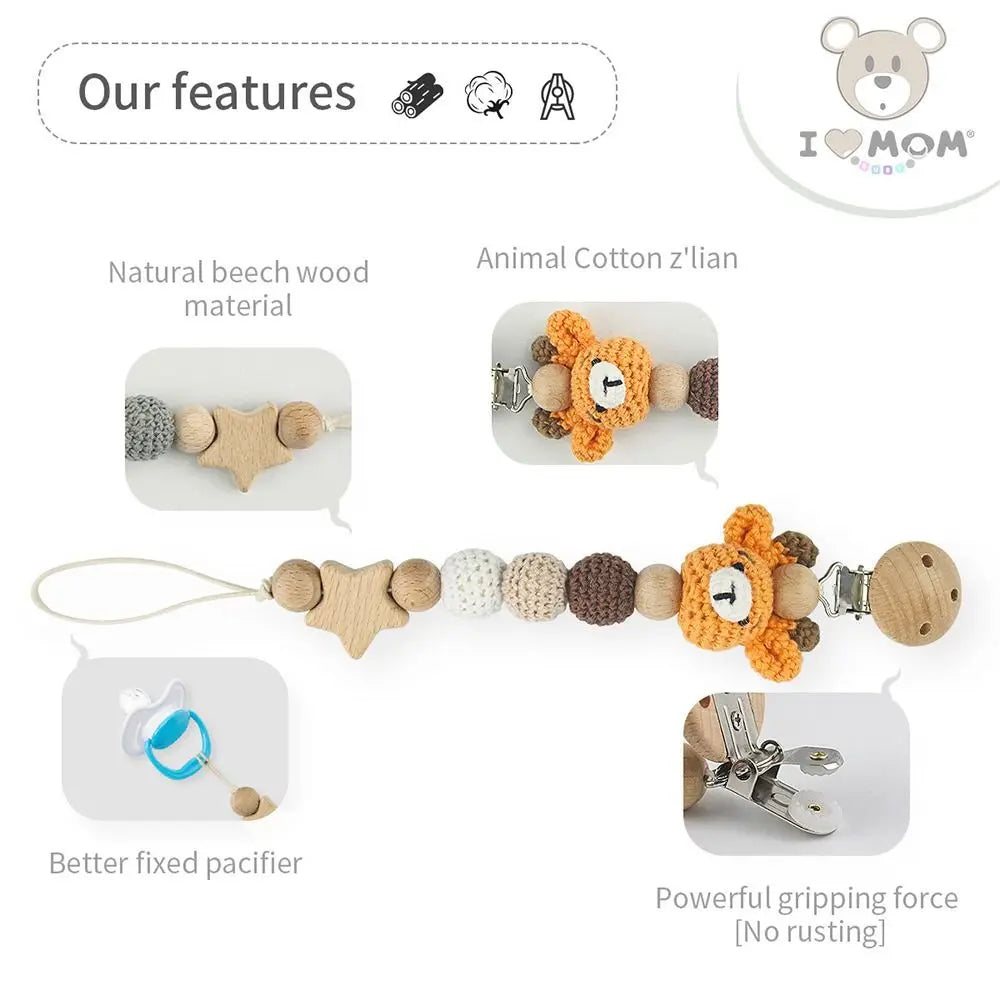 Cartoon Animal Baby Pacifier Clips With Storage Bag Infants Anti-drop Pacifier Holder Soother Chains Beech Wood Dummy Holder