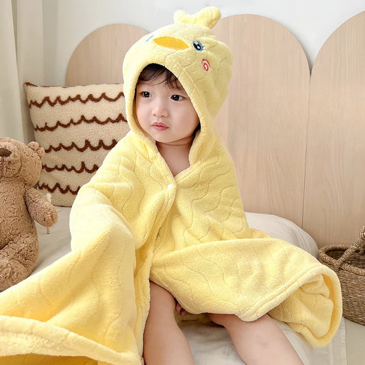 Children's Plush Hooded Bath Towel Cartoon Coral Velvet Baby Absorbent Quick Drying Hooded Cape Bathrobe Cute Hooded Bath Towel