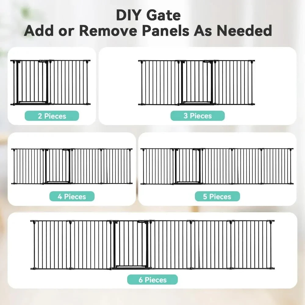 150" Extra Wide Baby Gate with Door, Dog Gates for The House Doorways Fireplace, Auto Close Baby Fence Play Area,6-Panels