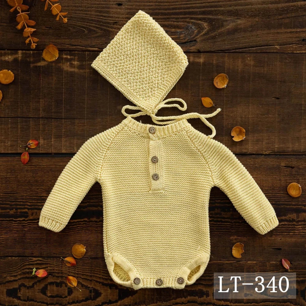 Newborn Photography Clothing Knitted Baby Costume Infant Hat Long Sleeve Romper 2Pcs/Set Studio Baby Photo Props Accessories