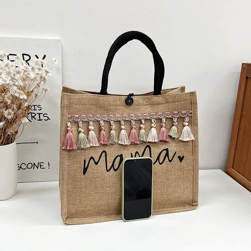 Women Tote Bag Fashion Mama Letter Printing Linen Handbag Large Capacity Baby Diaper Bag Casual Shopping Shoulder Bag Mom Gifts