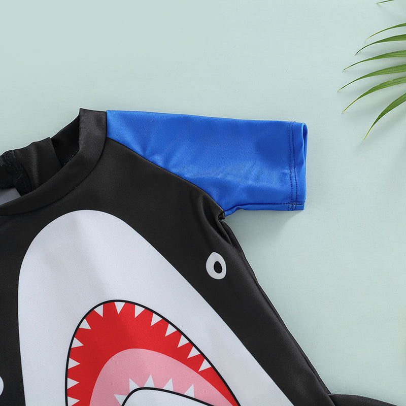 Yiicovy 1-4 Years Toddler Baby Boys Cartoon Shark Swimwear Blue Patchwork Short Sleeve Beachwear Bathing Suit for Boys Kids 2023