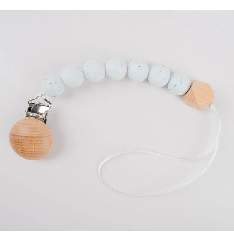 Baby Pacifier Clip Wood Color Silicone Bead Infant Teether Soother Anti-drop Chain Newborn Safe Teething Toy Dummy Nipple Holder