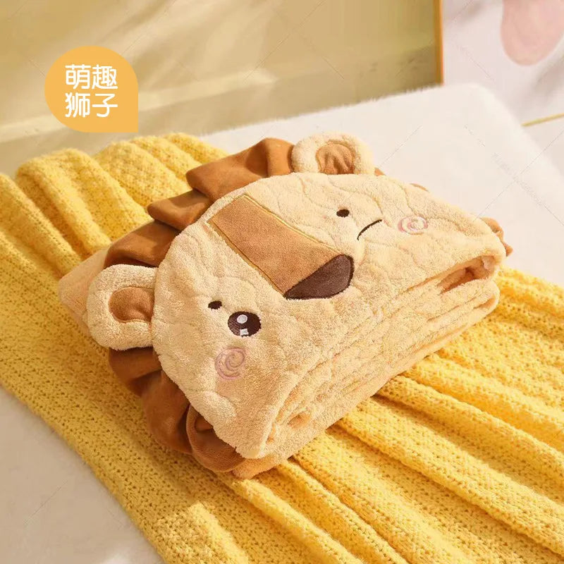 Children's Plush Hooded Bath Towel Cartoon Coral Velvet Baby Absorbent Quick Drying Hooded Cape Bathrobe Cute Hooded Bath Towel