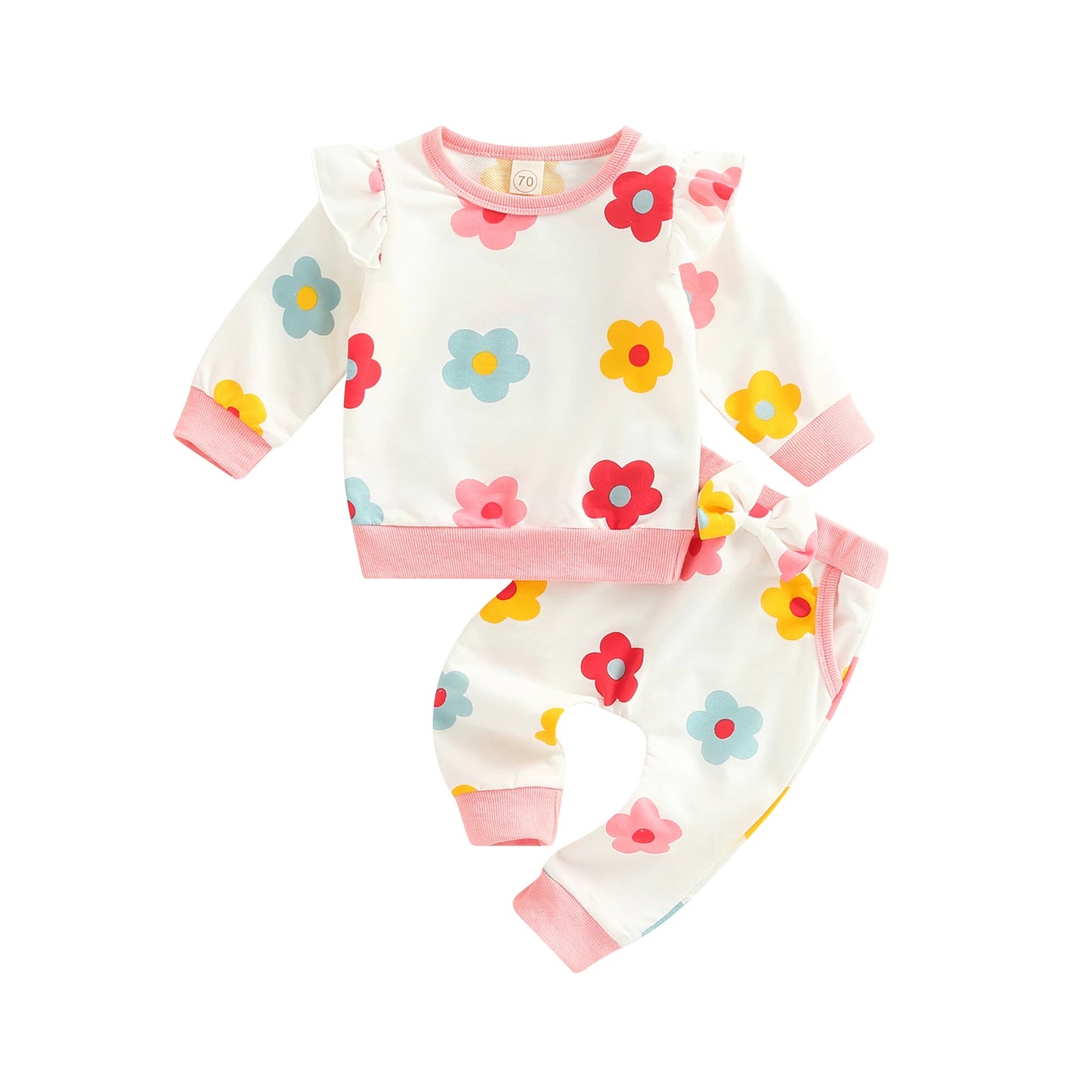 2-Piece Infant Baby Girl Outfits, Flower Print Ruffle Long Sleeve T-Shirt + Casual Pants Set for Toddlers, 0-24 Months