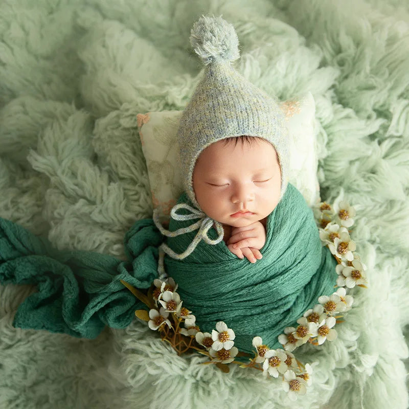 Newborn Photography Props Knitted Hat Swaddle Wrap Green Theme Set New Born Outfit Studio Baby Photoshoot Props Accessories