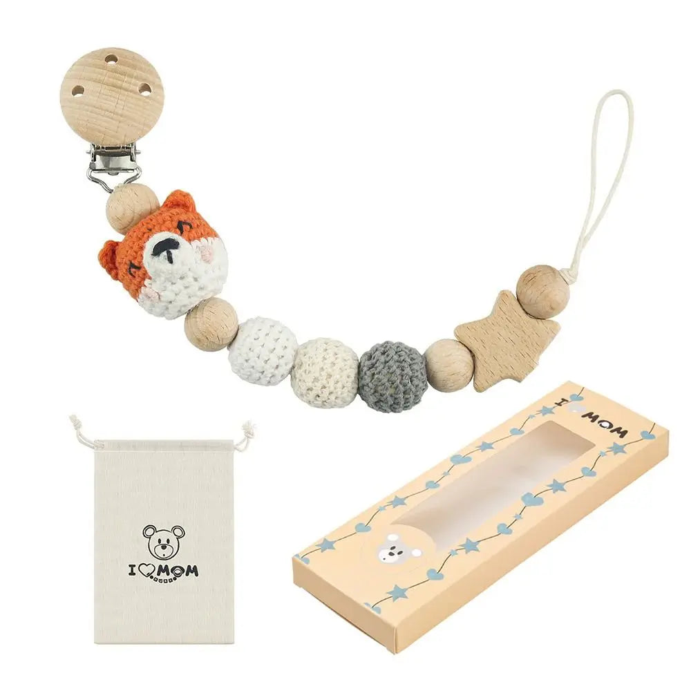 Cartoon Animal Baby Pacifier Clips With Storage Bag Infants Anti-drop Pacifier Holder Soother Chains Beech Wood Dummy Holder