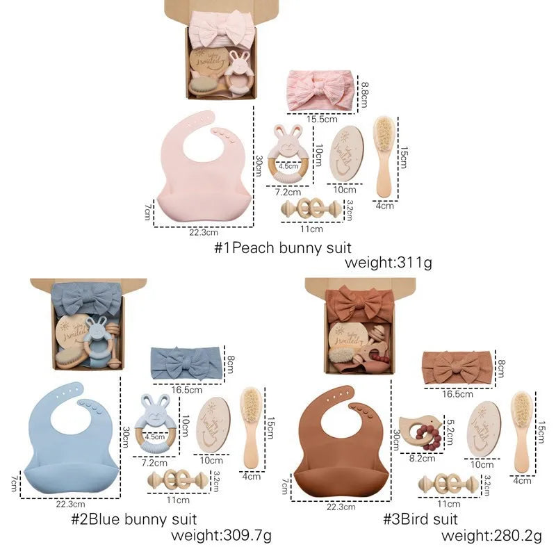 Baby Wooden Crochet Rattle Brushs Bracelet Towel Double Sided Cotton Blanket Newborn Bath Set Gifts Box For Baby Shower Gift