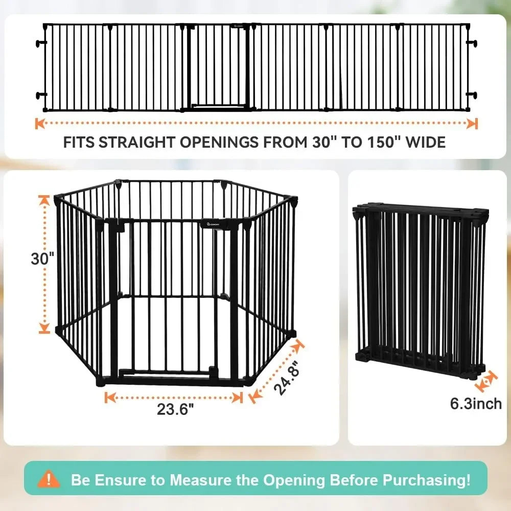 150" Extra Wide Baby Gate with Door, Dog Gates for The House Doorways Fireplace, Auto Close Baby Fence Play Area,6-Panels