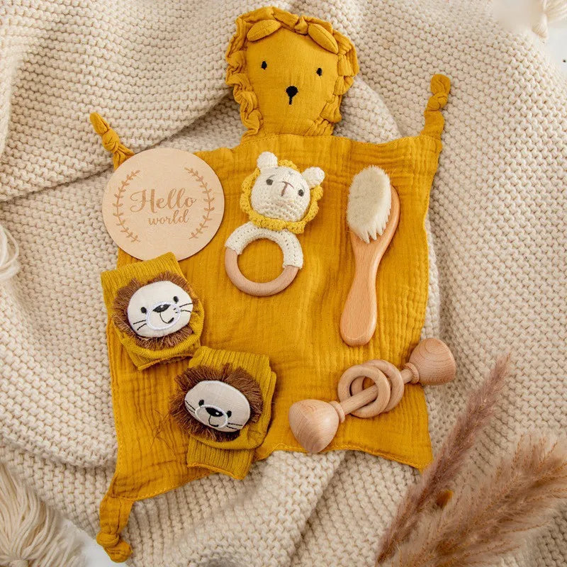 Baby Wooden Crochet Rattle Brushs Bracelet Towel Double Sided Cotton Blanket Newborn Bath Set Gifts Box For Baby Shower Gift