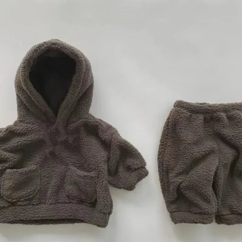 Winter Baby Plush Fleece Thicken Warm Hoodies Sets Toddler Boys Hooded Sweatshirt and Pants Set Children 2pcs Clothes Suit