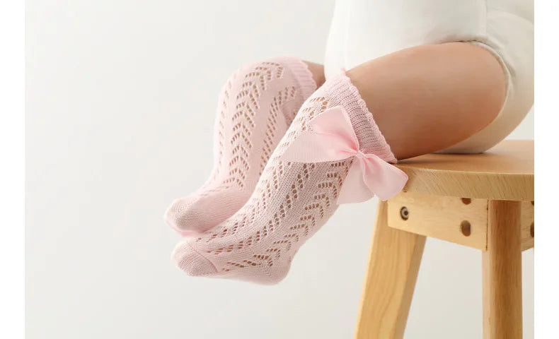 Summer Kids Knee High Socks Baby Girls Boys Bow Long Sock Cotton Mesh Breathable Children Hollow Out Socken For Kids 0-7 Years