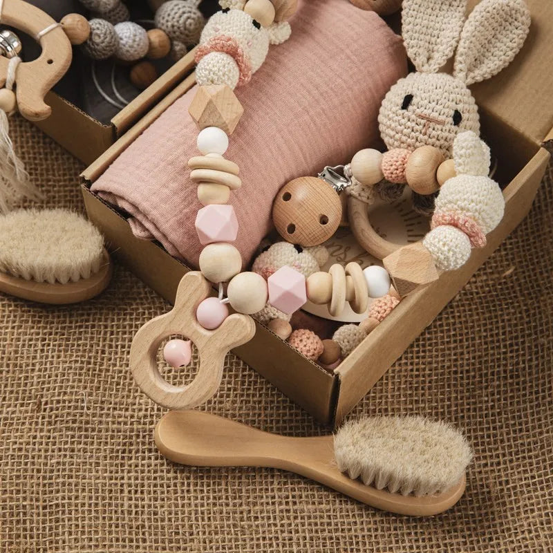 Baby Wooden Crochet Rattle Brushs Bracelet Towel Double Sided Cotton Blanket Newborn Bath Set Gifts Box For Baby Shower Gift