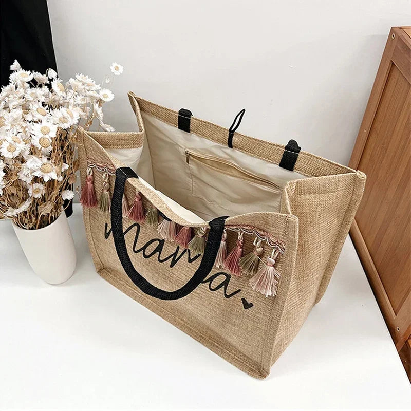 Women Tote Bag Fashion Mama Letter Printing Linen Handbag Large Capacity Baby Diaper Bag Casual Shopping Shoulder Bag Mom Gifts