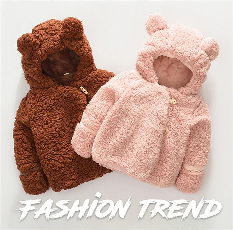 Autumn Winter Baby Girl Clothes Korean Cartoon Cute Hooded Warm Thick Fleece Lamb Wool Outerwear Kids Coat Toddler Jackets BC515