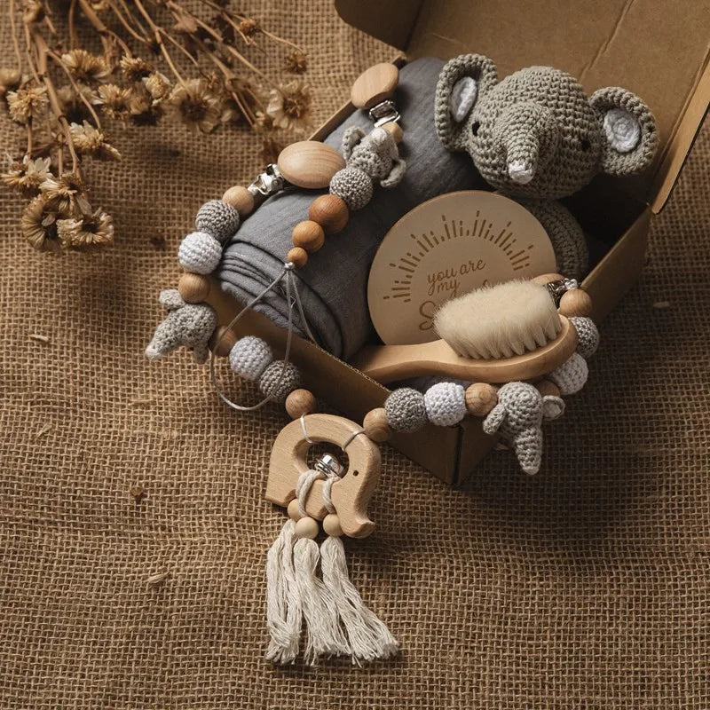 Baby Wooden Crochet Rattle Brushs Bracelet Towel Double Sided Cotton Blanket Newborn Bath Set Gifts Box For Baby Shower Gift