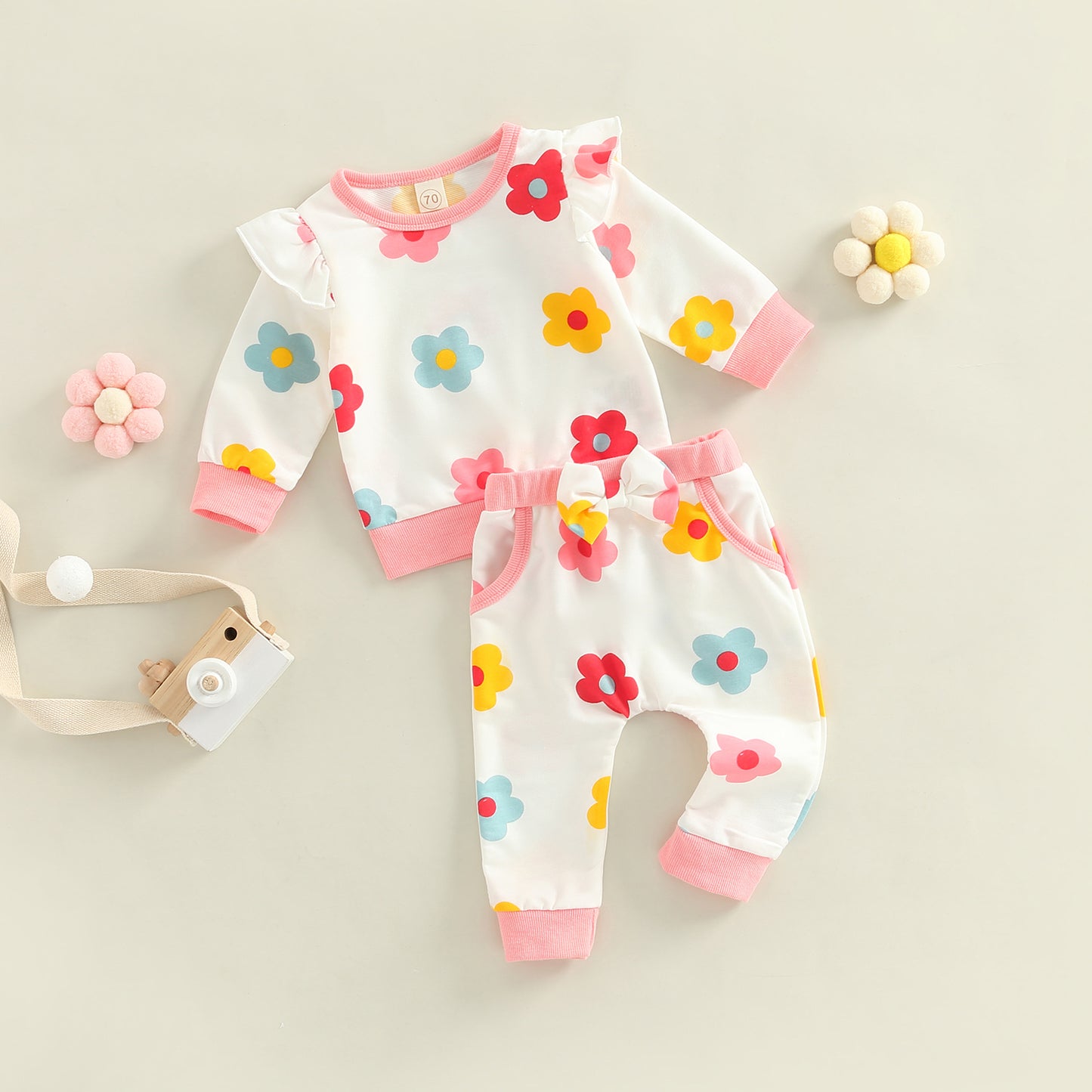 2-Piece Infant Baby Girl Outfits, Flower Print Ruffle Long Sleeve T-Shirt + Casual Pants Set for Toddlers, 0-24 Months