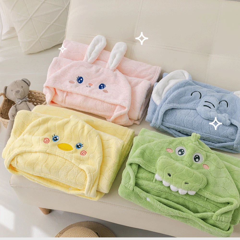 Children's Plush Hooded Bath Towel Cartoon Coral Velvet Baby Absorbent Quick Drying Hooded Cape Bathrobe Cute Hooded Bath Towel