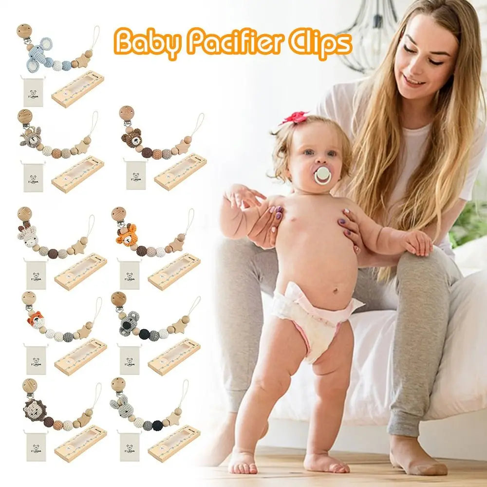 Cartoon Animal Baby Pacifier Clips With Storage Bag Infants Anti-drop Pacifier Holder Soother Chains Beech Wood Dummy Holder