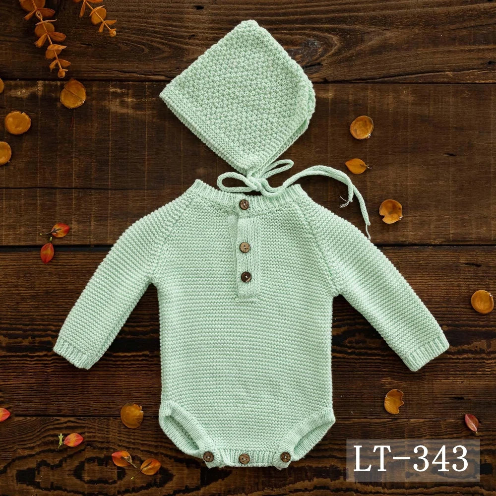 Newborn Photography Clothing Knitted Baby Costume Infant Hat Long Sleeve Romper 2Pcs/Set Studio Baby Photo Props Accessories