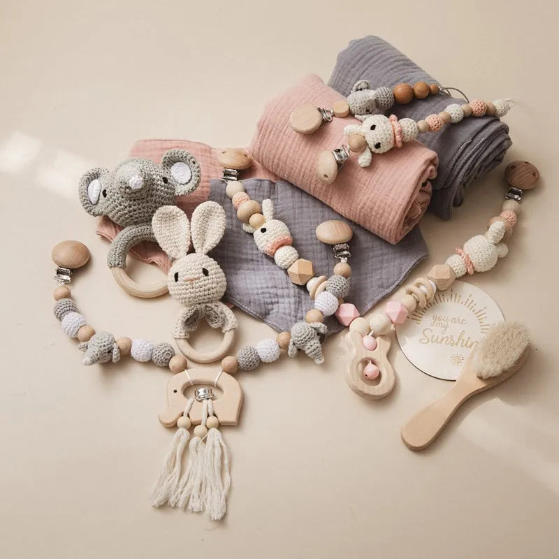 Baby Wooden Crochet Rattle Brushs Bracelet Towel Double Sided Cotton Blanket Newborn Bath Set Gifts Box For Baby Shower Gift