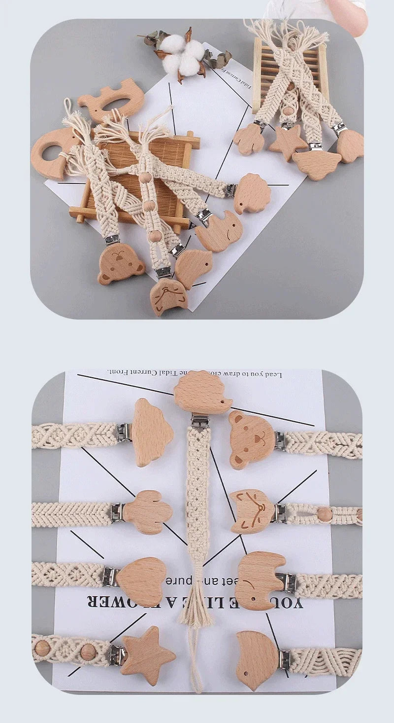 Safety Baby Infant Toddler Dummy Pacifier Soother Nipple Chain Holder Strap Handmade Braided Cotton Rope Wooden Pacifier Clips