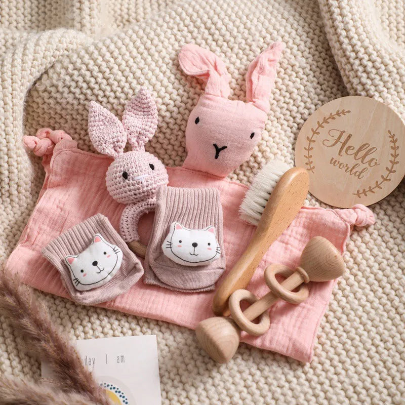 Baby Wooden Crochet Rattle Brushs Bracelet Towel Double Sided Cotton Blanket Newborn Bath Set Gifts Box For Baby Shower Gift