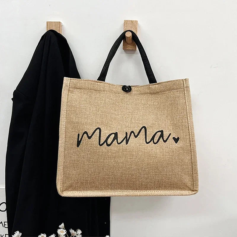 Women Tote Bag Fashion Mama Letter Printing Linen Handbag Large Capacity Baby Diaper Bag Casual Shopping Shoulder Bag Mom Gifts