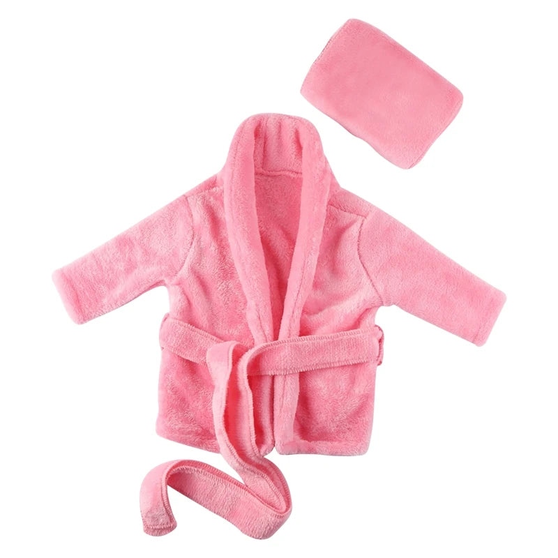 Newborn Baby Flannel Robe Bathrobe and Bath Towel Blanket Set Solid Color Photography Props Outfit for Boys Girls Posing Costume