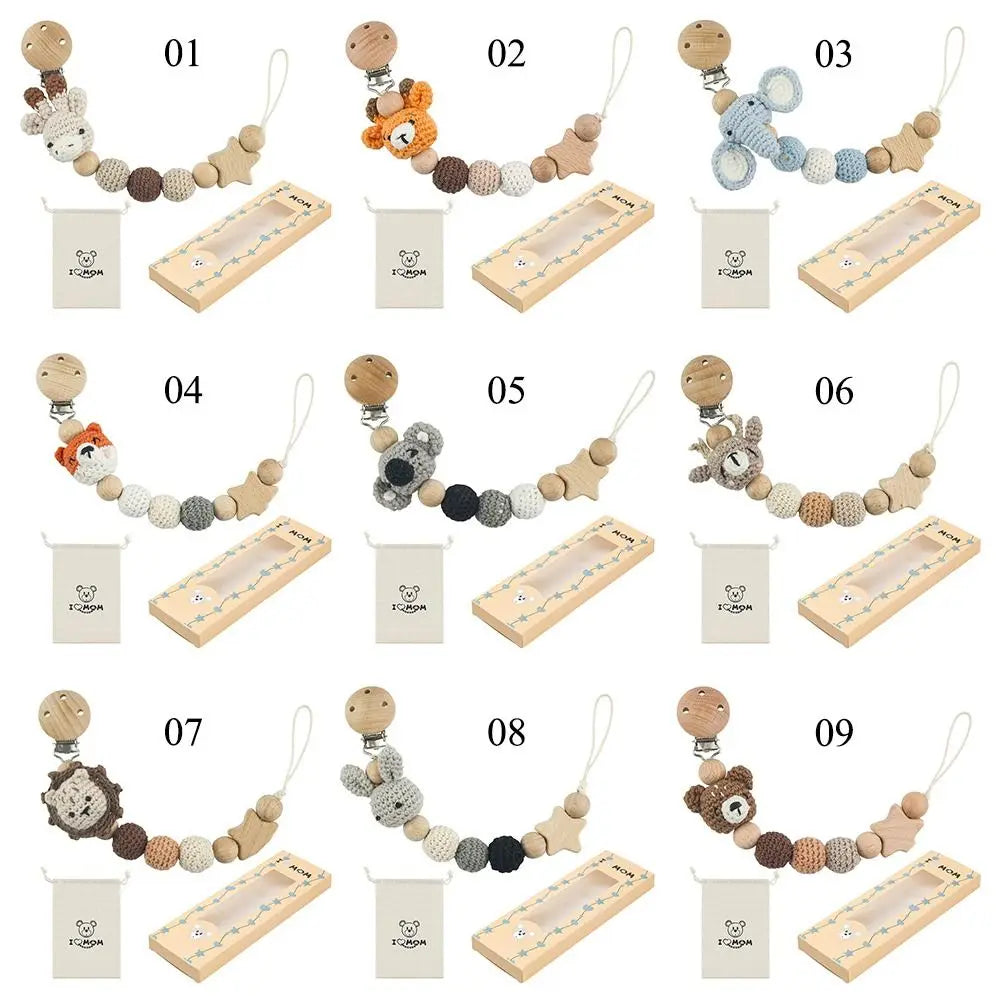 Cartoon Animal Baby Pacifier Clips With Storage Bag Infants Anti-drop Pacifier Holder Soother Chains Beech Wood Dummy Holder