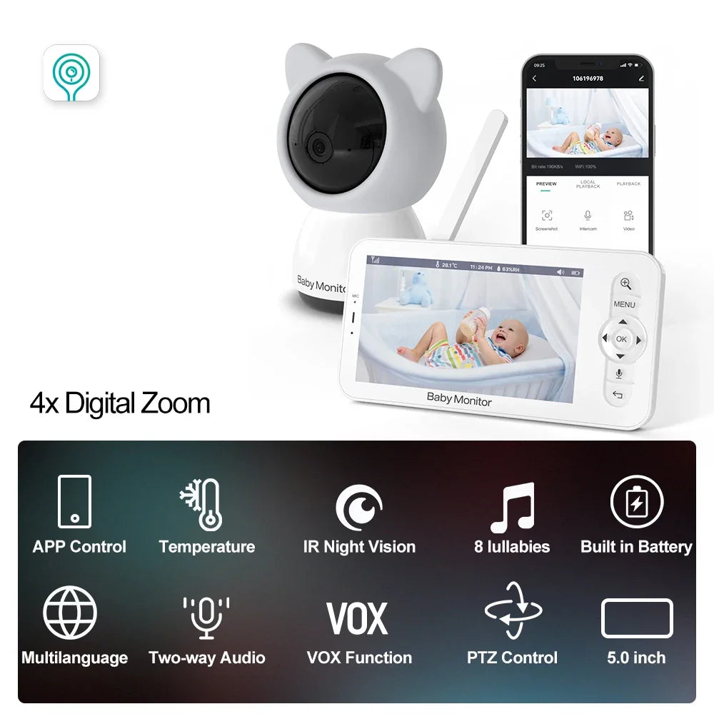 Baby Monitor Babyphone WIFI Wireless Video Baby Camera Bebe Nanny 5 Inch LCD Mobile Phone APP Control PTZ Lullabies for New Born