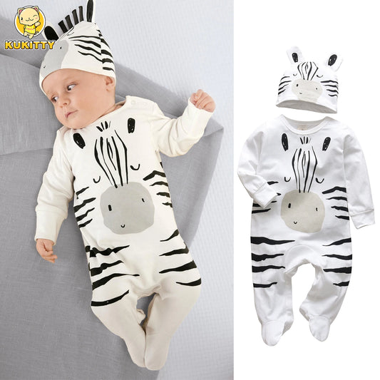 Newborn Infant Baby Boys Romper Clothes Cotton Cute Cartoon Print Long Sleeve Jumpsuit+Hat 2 Pcs Toddler Baby Clothes Outfits