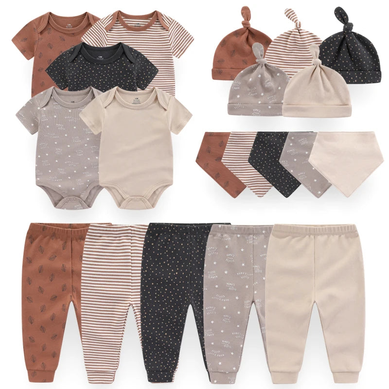 Unisex 2023 Solid Color New Born Baby Girl Clothes Set Bodysuits+Pants+Hats+Bibs/Mittens Cotton Baby Boy Clothes Bebes