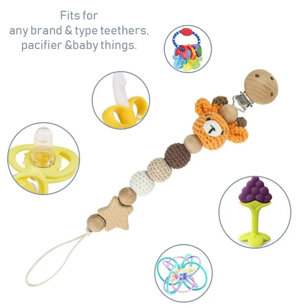 Wood Soother Holder Children Baby Teether Toys Straps Pacifier Holder Clips Baby Pacifier Chain Crochet Animal Pacifier Clips