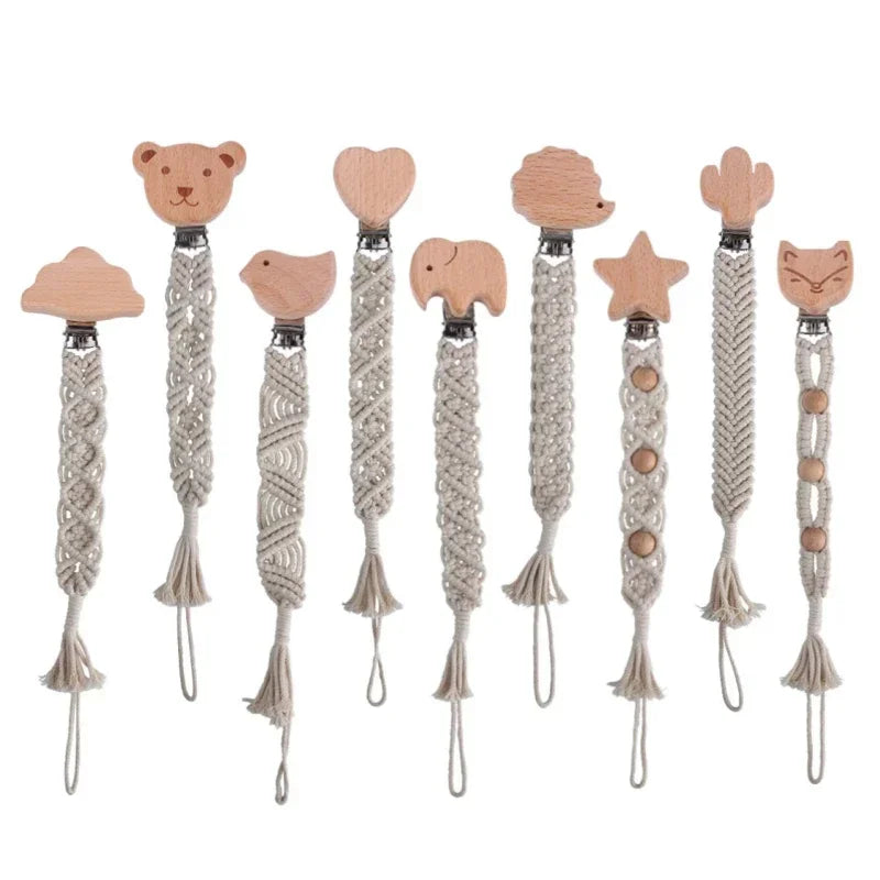 Safety Baby Infant Toddler Dummy Pacifier Soother Nipple Chain Holder Strap Handmade Braided Cotton Rope Wooden Pacifier Clips