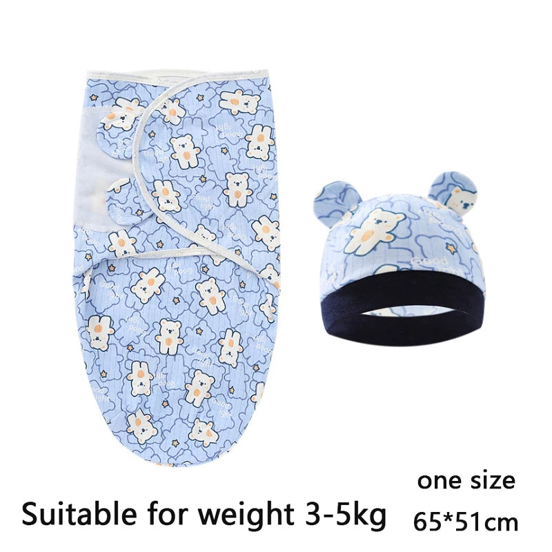 Baby Blanket Hat Set Cartoon Printed Cotton Newborn Swaddle Adjustable Infant Sleeping Swaddle Wraps All Seasons 0-6 Months