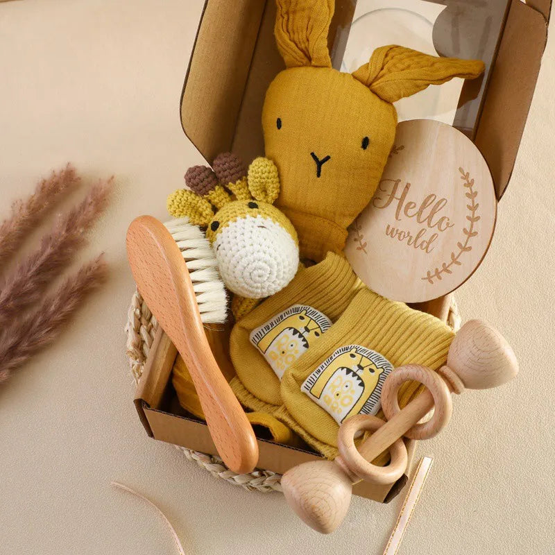 Baby Wooden Crochet Rattle Brushs Bracelet Towel Double Sided Cotton Blanket Newborn Bath Set Gifts Box For Baby Shower Gift