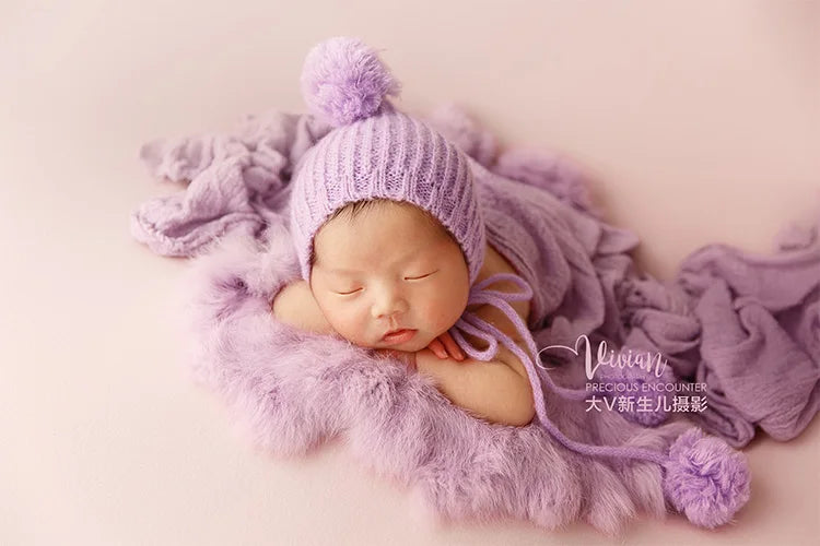 Newborn Photography Props Baby Swaddle Blanket Soft High Stretchable Wraps Cute Knitted Pom Poms Hat Headflower Baby Photo Props