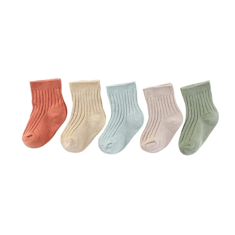 Unisex Non-Slip Socks 5 Pairs 100% Cotton Elasticity 0-5T Solid Color Newborn Baby Girl Boy Socks Sets Infant Accessories