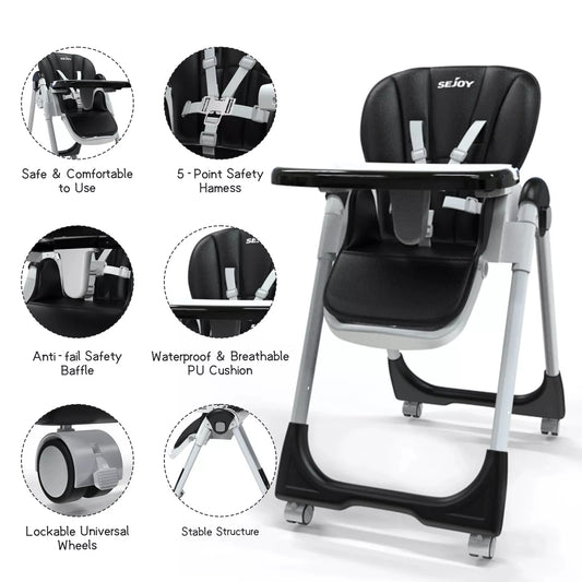 Sejoy Baby High Chair Foldable Highchair Adjustable Backrest Double Removable Tray Detachable PU Leather Cushion High Chair for