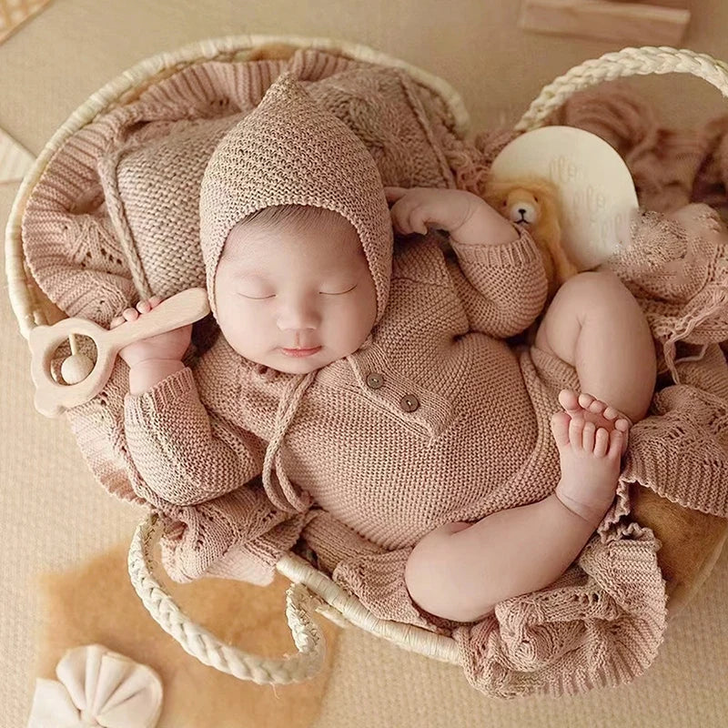 Newborn Photography Clothing Knitted Baby Costume Infant Hat Long Sleeve Romper 2Pcs/Set Studio Baby Photo Props Accessories