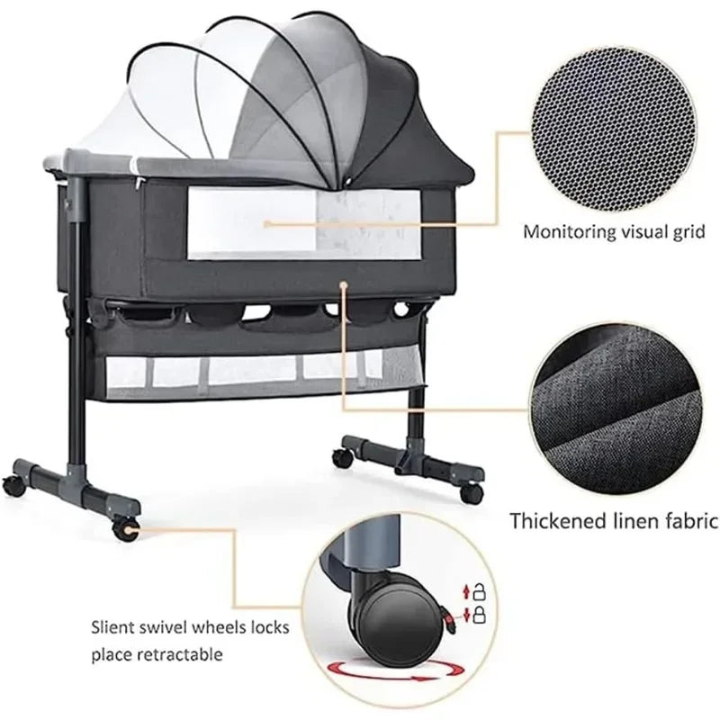 Nursery Bed with Mosquito Net Large Storage Bag Changing Bed Height Adjustable Travel Portable Crib Newborn Baby Boys & Girls