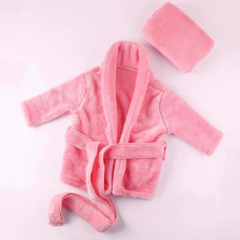 Newborn Baby Flannel Robe Bathrobe and Bath Towel Blanket Set Solid Color Photography Props Outfit for Boys Girls Posing Costume