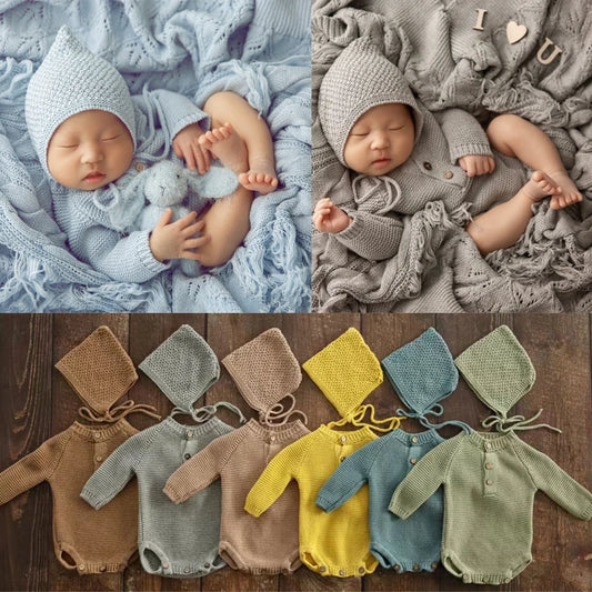 Newborn Photography Clothing Knitted Baby Costume Infant Hat Long Sleeve Romper 2Pcs/Set Studio Baby Photo Props Accessories