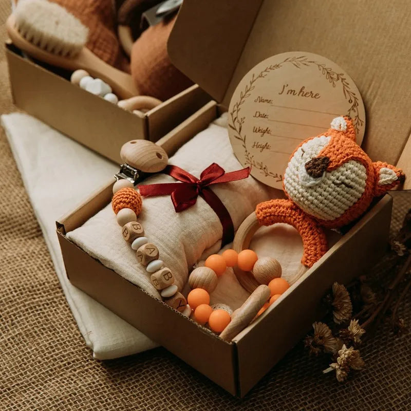 Baby Wooden Crochet Rattle Brushs Bracelet Towel Double Sided Cotton Blanket Newborn Bath Set Gifts Box For Baby Shower Gift