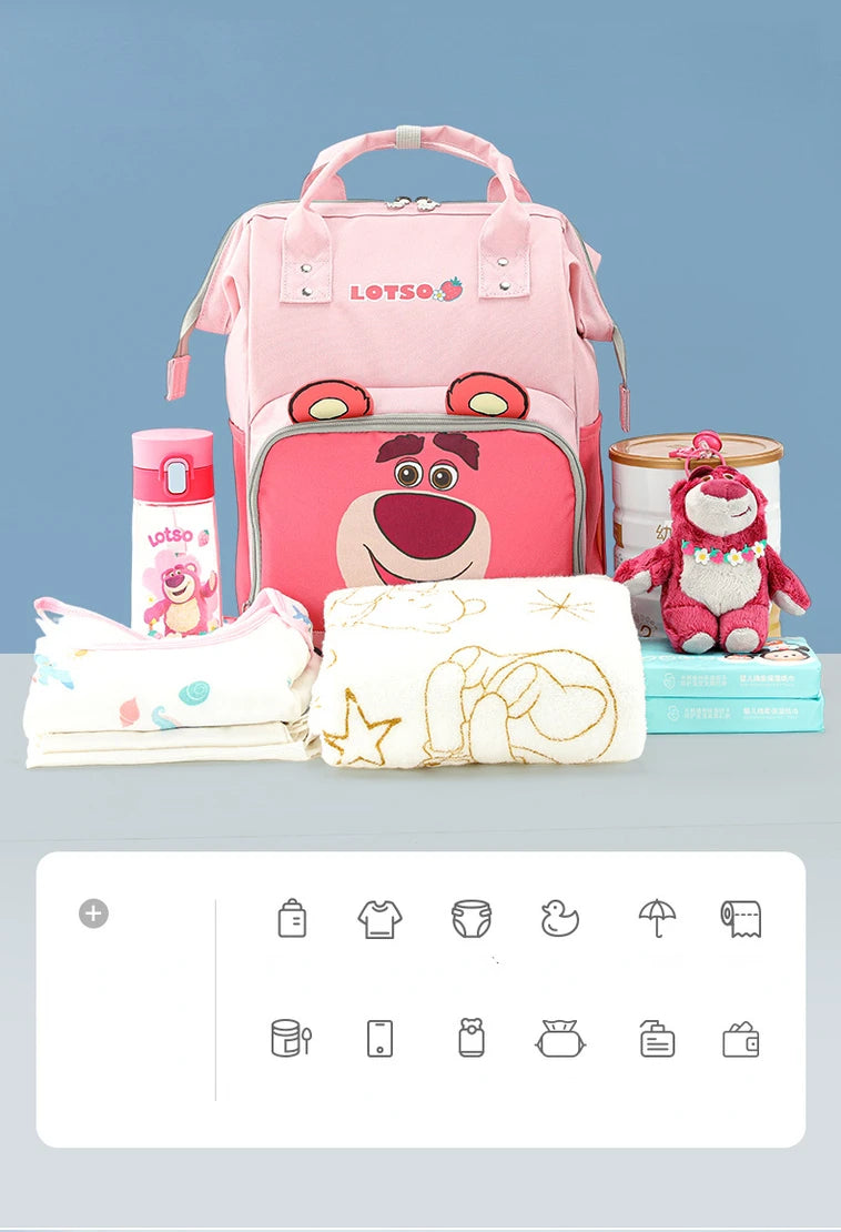 Disney Strawberry Bear Original New Diaper Bag Backpack Luxury Brand Baby Diaper Bag Backpack Cartoon Baby Bag Multi Functional