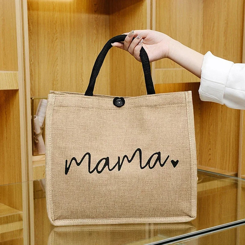 Women Tote Bag Fashion Mama Letter Printing Linen Handbag Large Capacity Baby Diaper Bag Casual Shopping Shoulder Bag Mom Gifts